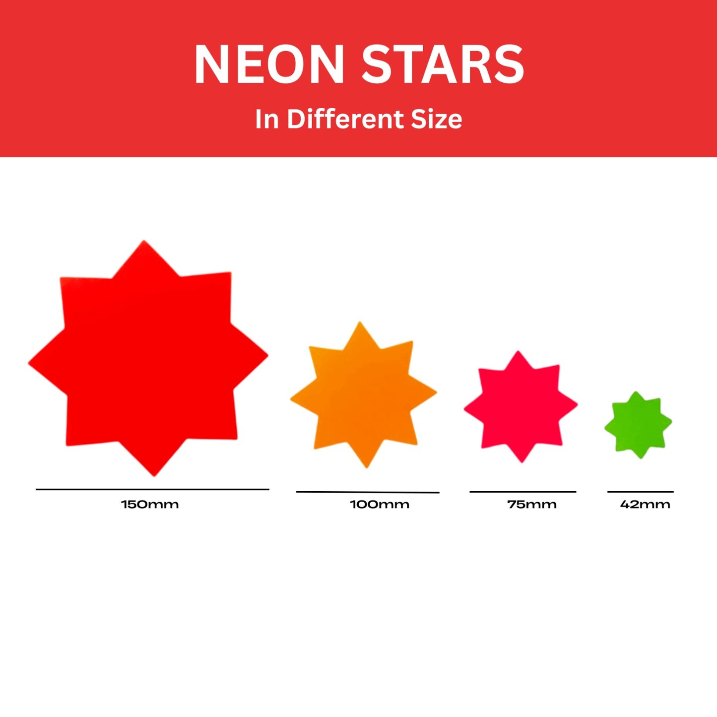 Pack of 240 Assorted Coloured Neon Fluorescent Stars 100 x 100mm