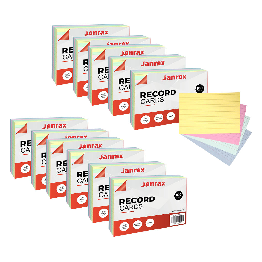 Pack of 1200 Assorted Colour Ruled 6x4" Record Cards – Lined Study Index Cards for Notes, Revision