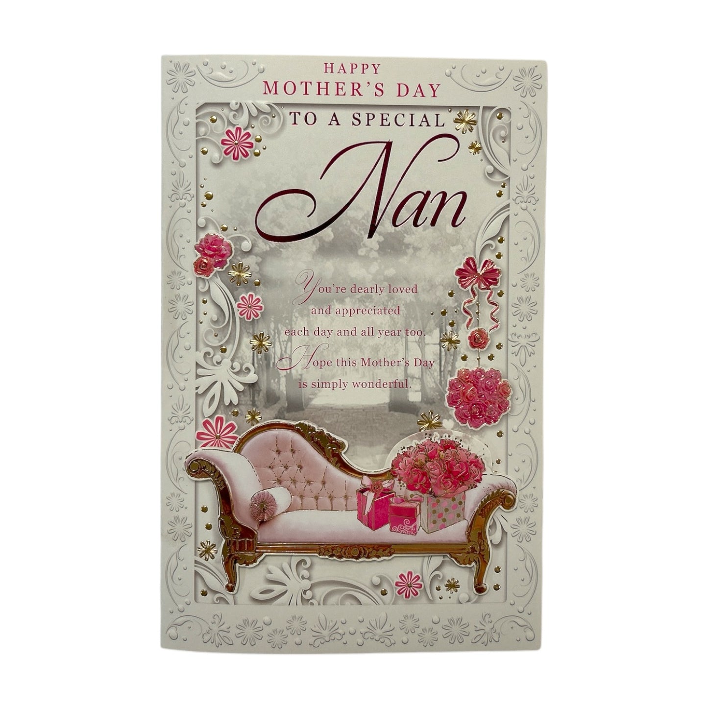 To Special Nan Flowers & Gift On Sofa Design Mother's Day Boxed Card