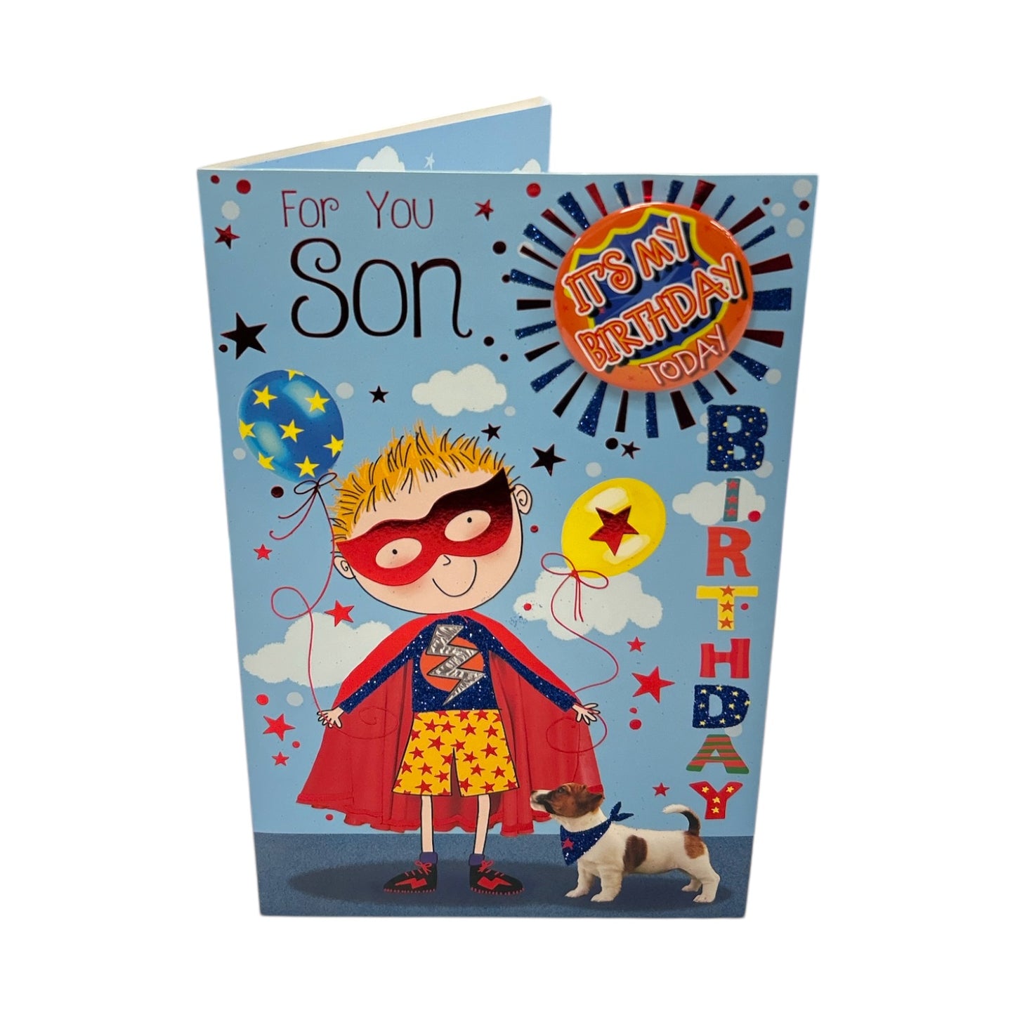 For You Son Superhero Theme Juvenile Birthday Card With Badge