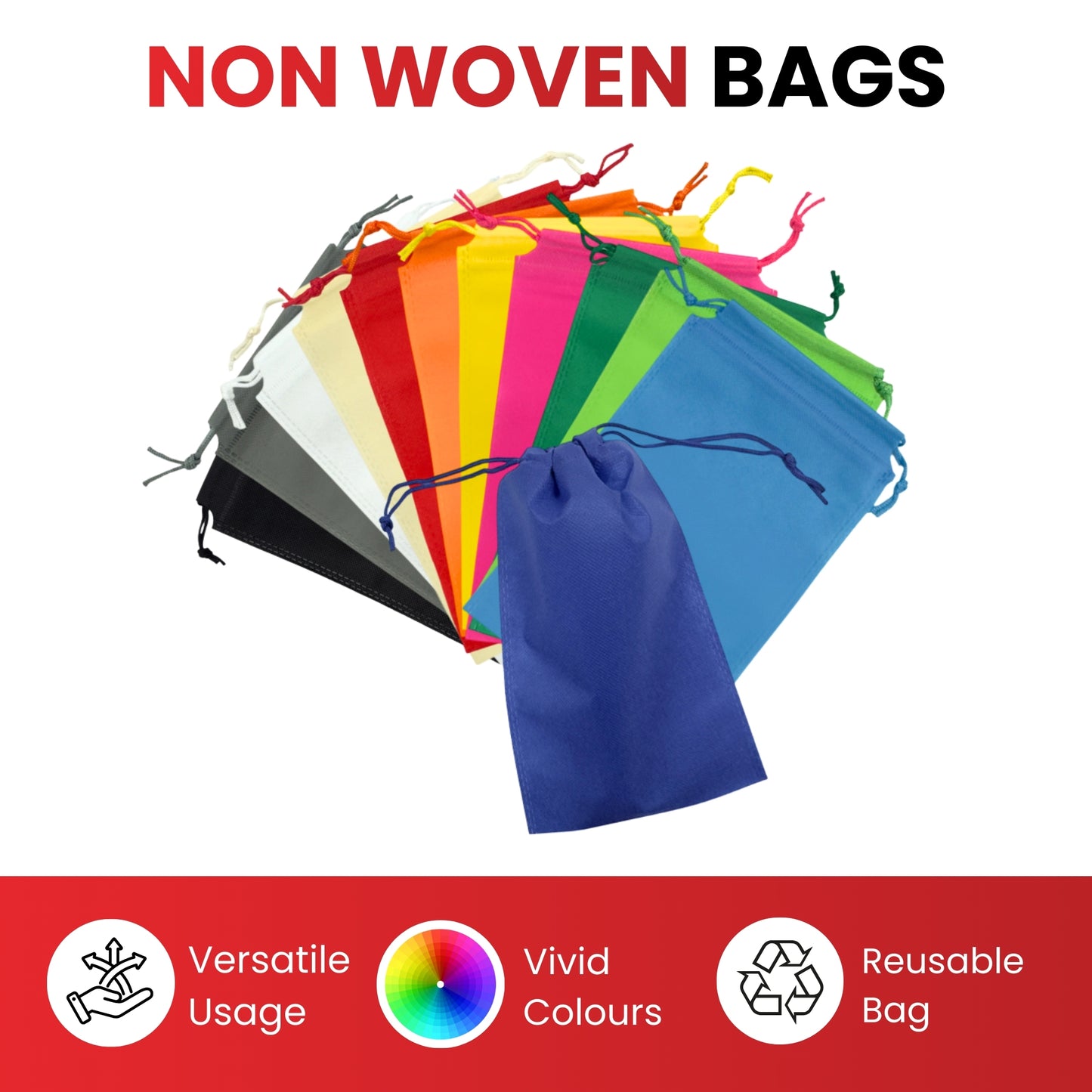 Pack of 100 Black Coloured 43x34cm Non-Woven Drawstring Bags