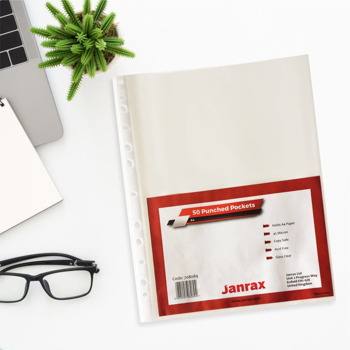 Pack of 50 A4 Glass Clear Punched Pockets by Janrax