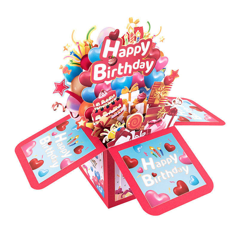 Heart Balloons Bright Red 3D Pop Up Birthday Box Card - Fireworks Cake Surprise Gift Box