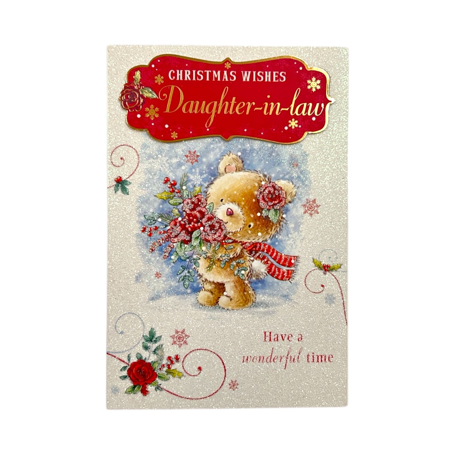 Teddy With Bunch of Flowers Design Daughter In Law Christmas Card