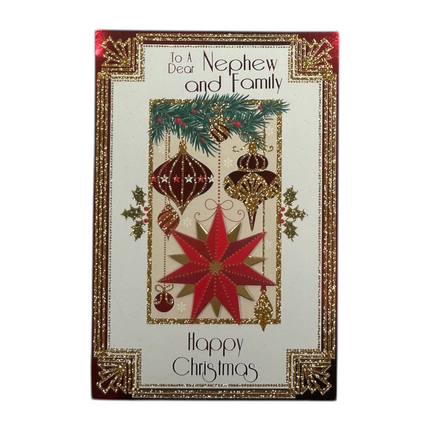 To a Dear Nephew and Family Red & Gold Star with Ornaments Christmas Card