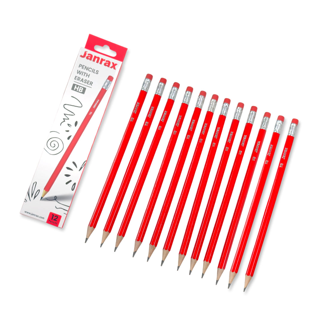 Pack of 12 Janrax HB Pencils with Erasers