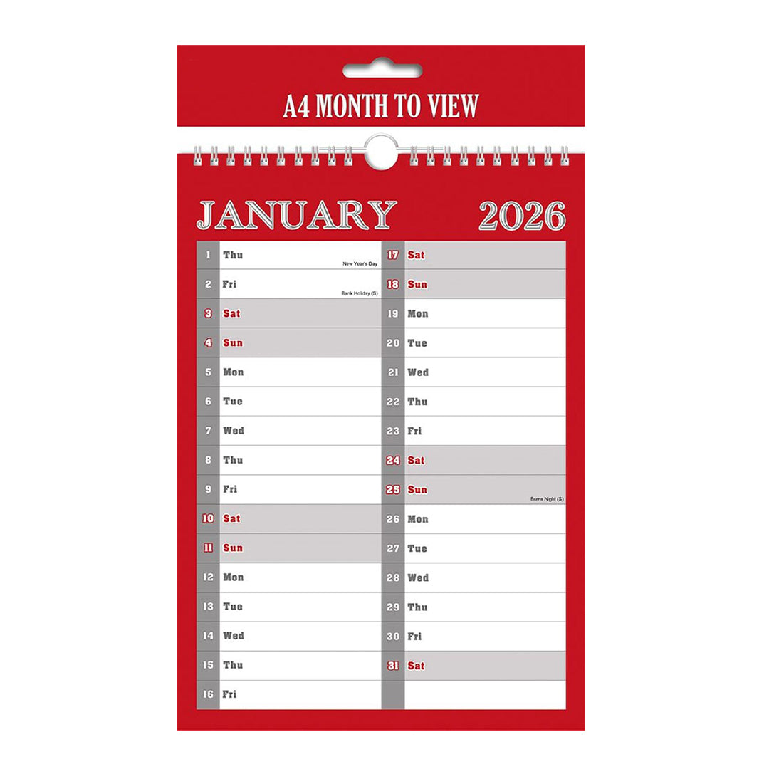 A4 Month To View Calendar 2026 – 297mm x 210mm