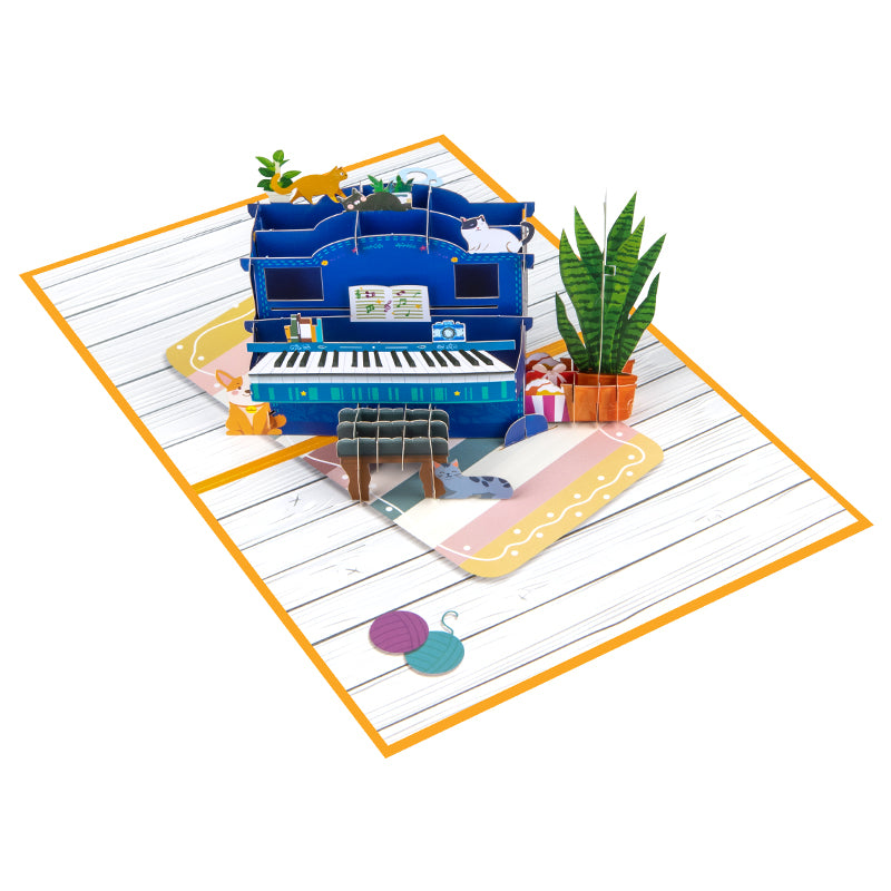 Piano & Cats Scene Whimsical 3D Pop Up Greeting Card