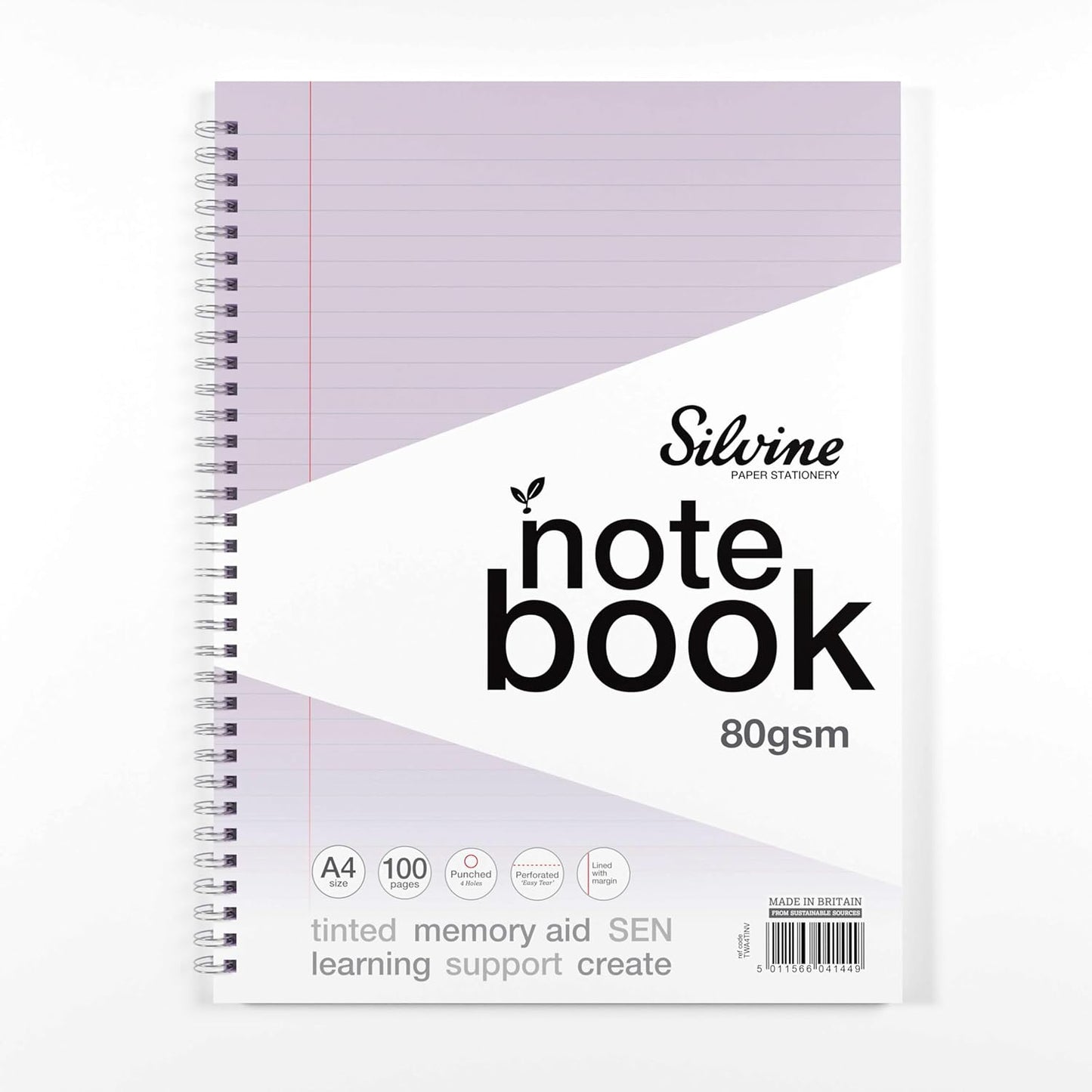 A4+ 100 Pages Twin Wire SEN Lilac Paper Dyslexia Notebook - Lined with Margin