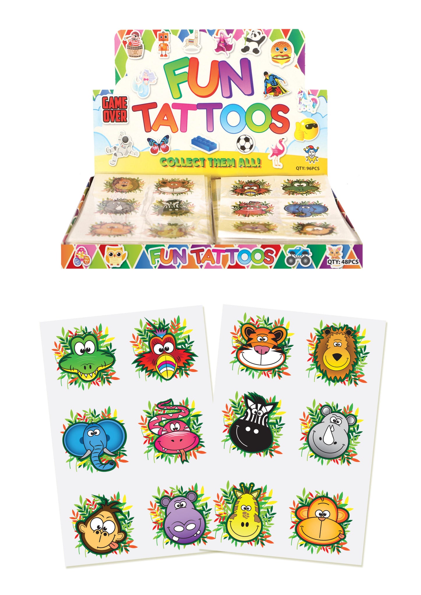 Pack of 12 Assorted Design 4cm Mini Jungle Temporary Tattoos