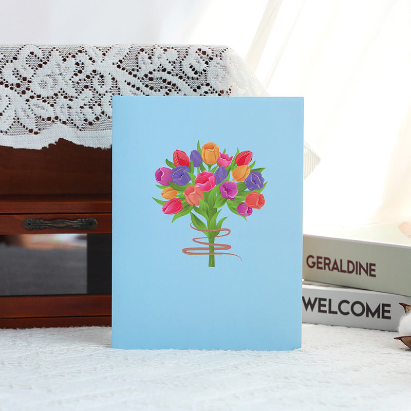 Colorful Tulip Bouquet Blue 3D Pop Up Greeting Card