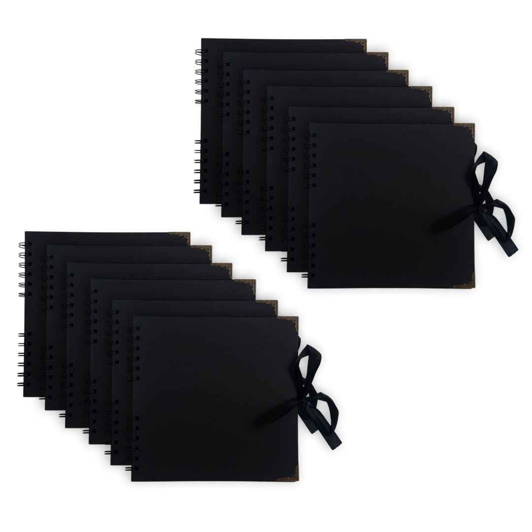 Pack of 12 Spiral Bound 180gsm Black Scrapbooks with Ribbon Closure and Metal Corners - 30 Sheets 20x20cm