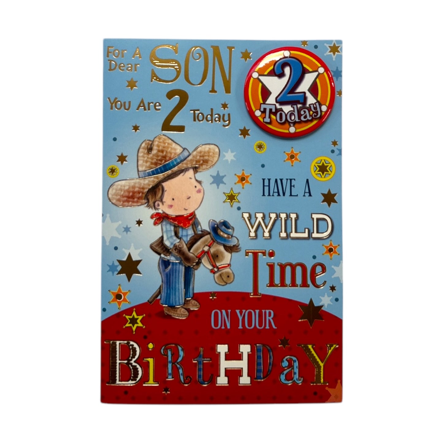 For Son Age 2 Juvenile Boy and Horse Design Birthday Card with Badge