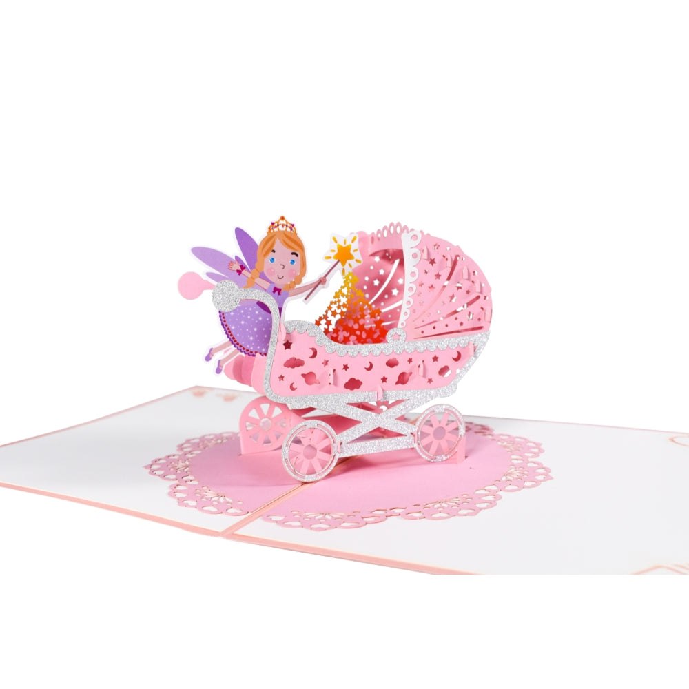 Pink Baby Girl Carriage and Fairy 3D Pop Up Baby Shower Greeting Card