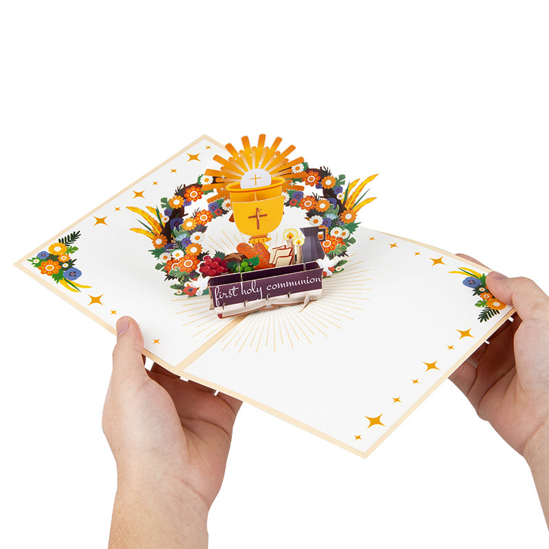 Religious Symbols & Floral First 3D Pop Up Holy Communion Card