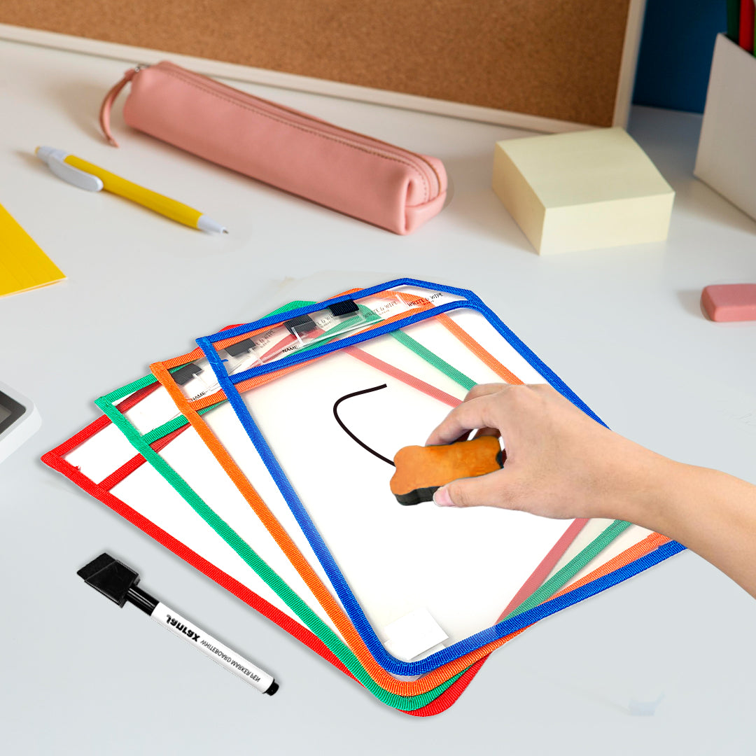 Pack of 8 Assorted Coloured Edge Clear Dry Erase Write and Wipe Reusable Sleeve Pockets