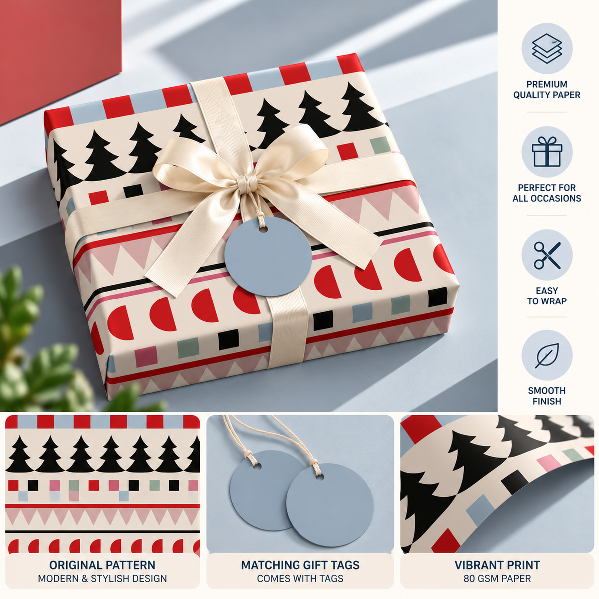 Pack of 2 Retro Christmas Rows Design 50 x 70 cm Gift Wrap Sheets with 2 Tags