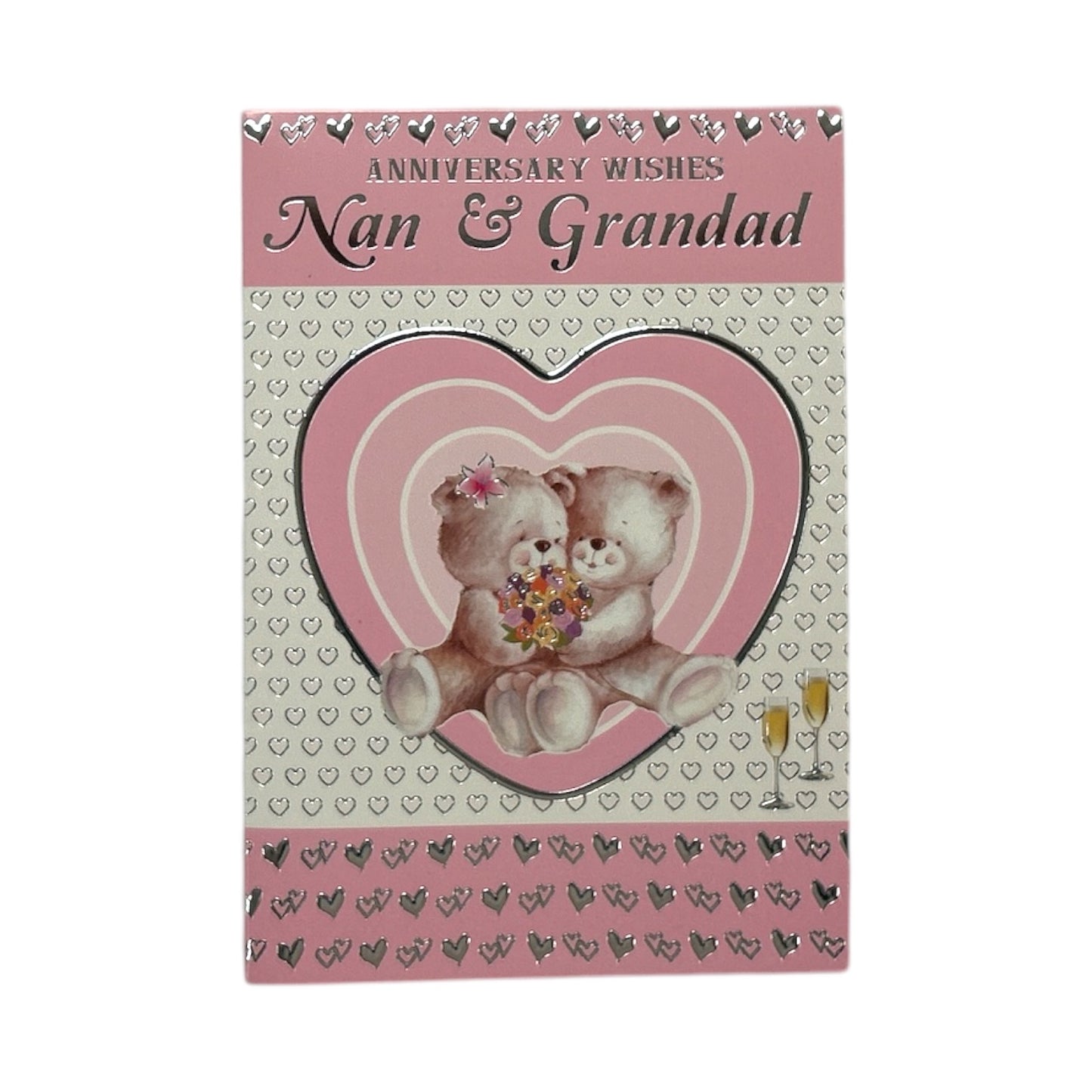 Nan & Grandad Cute Teddies In Pink Heart Anniversary Card