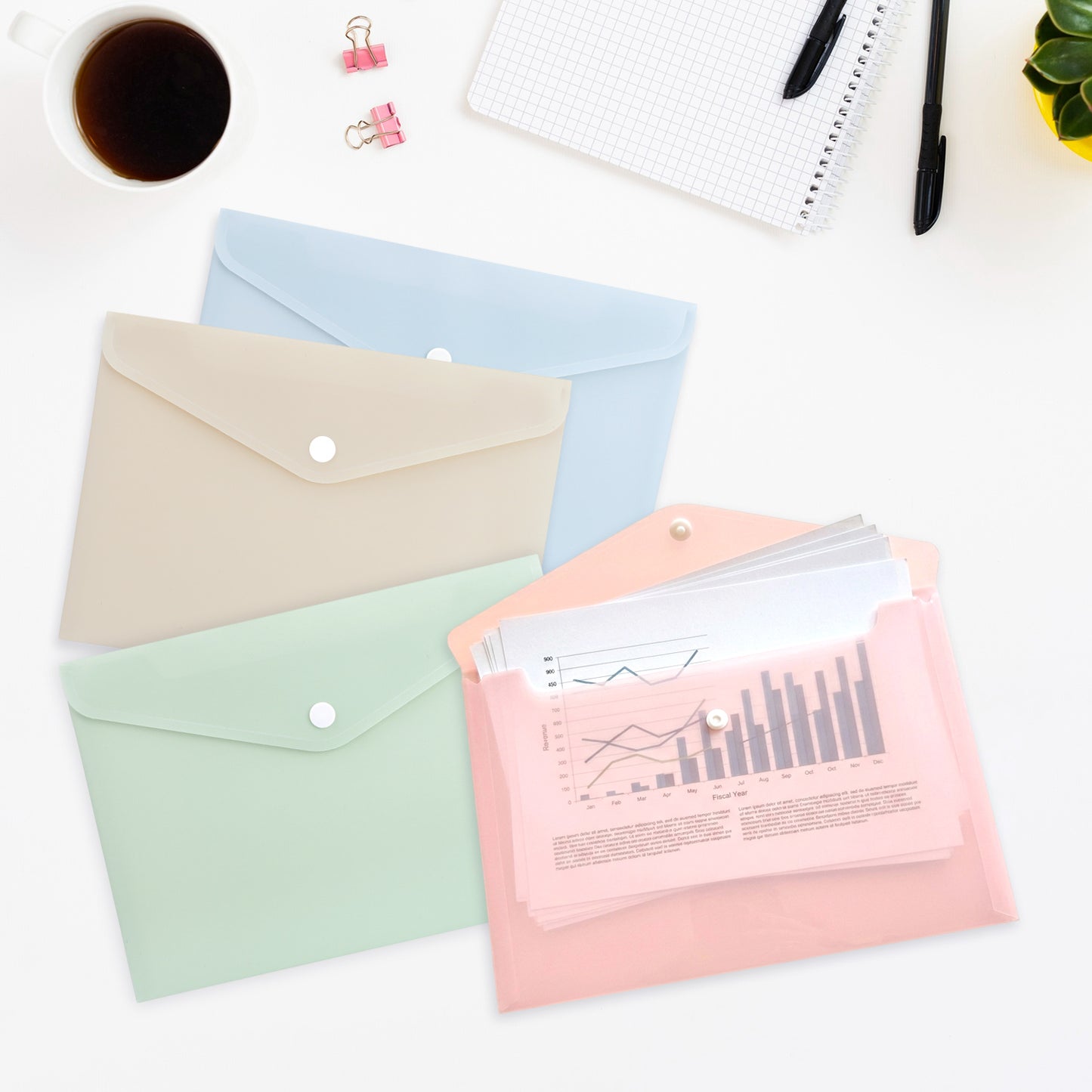 Pack of 12 A4 Ivory Soft Touch Plastic Document Wallets with Button Closure