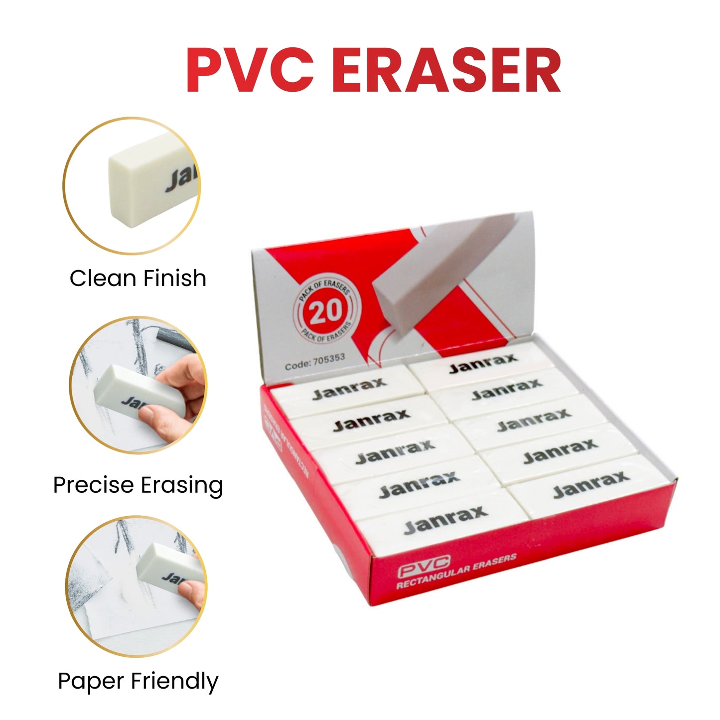 Pack of 20 PVC Rectangular Erasers