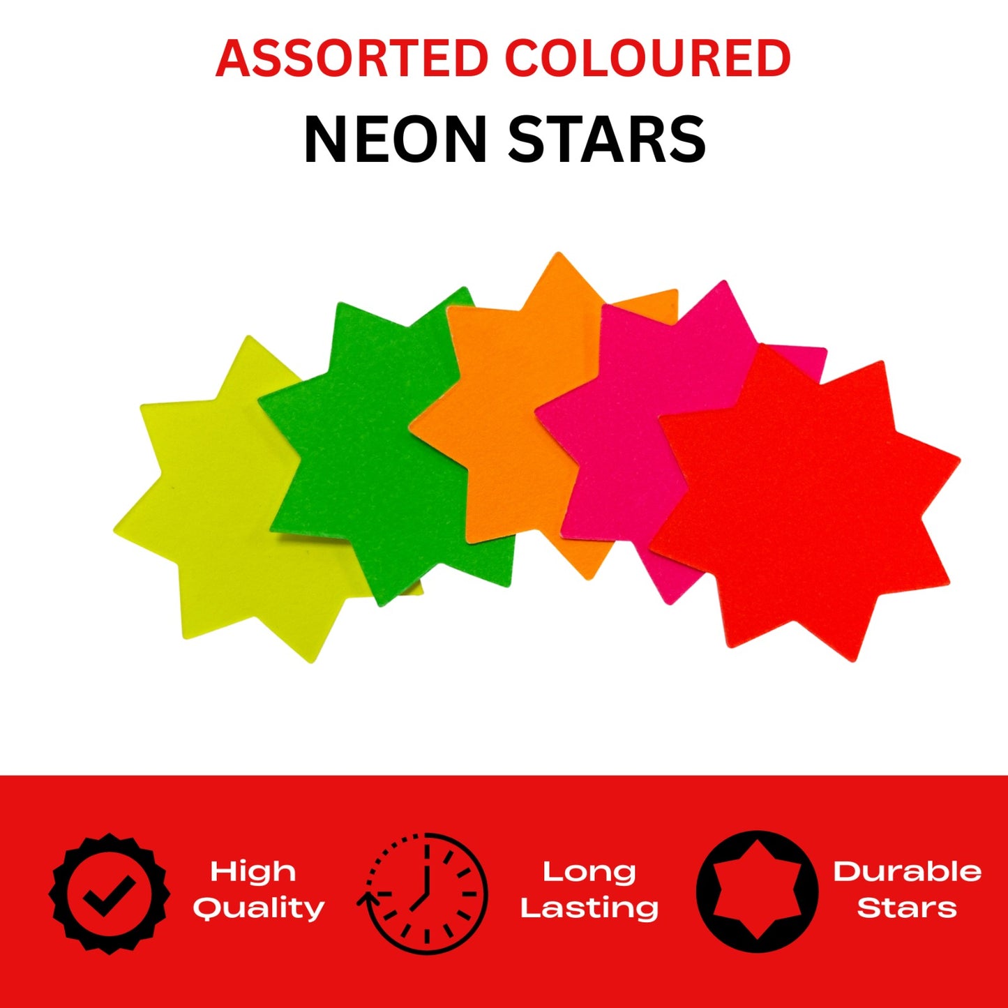 Pack of 600 Assorted Coloured Neon Fluorescent Stars 75 x 75mm