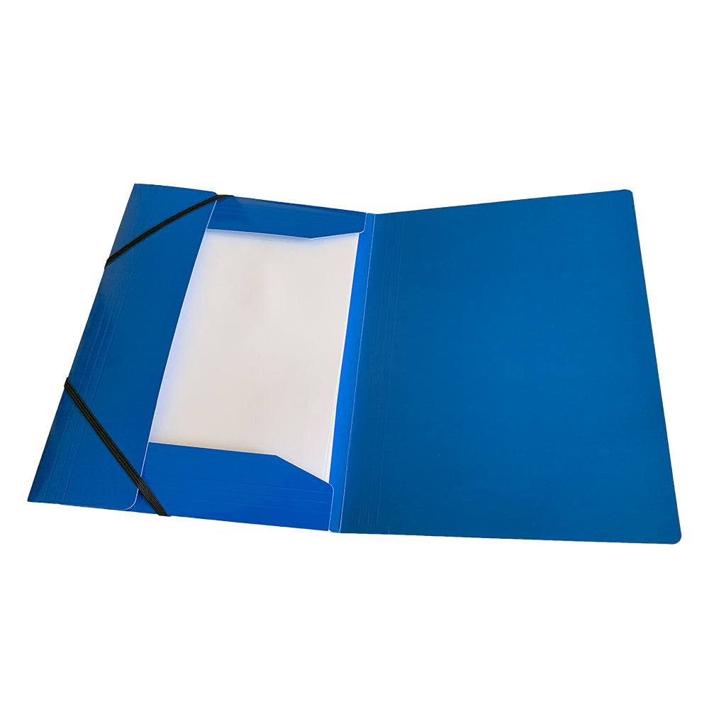 Pack of 12 Janrax A4 Blue Laminated Card 3 Flap Folders with Elastic Closure