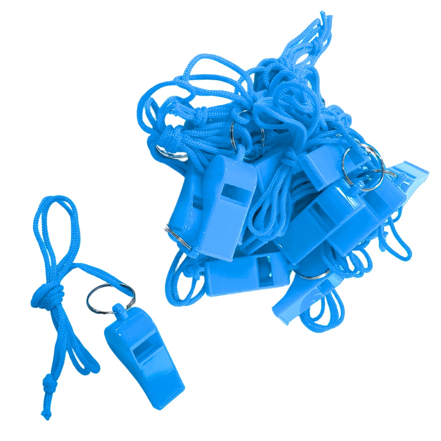 Bag of 10 Light Blue Plastic Whistles with Lanyard Neck Cord
