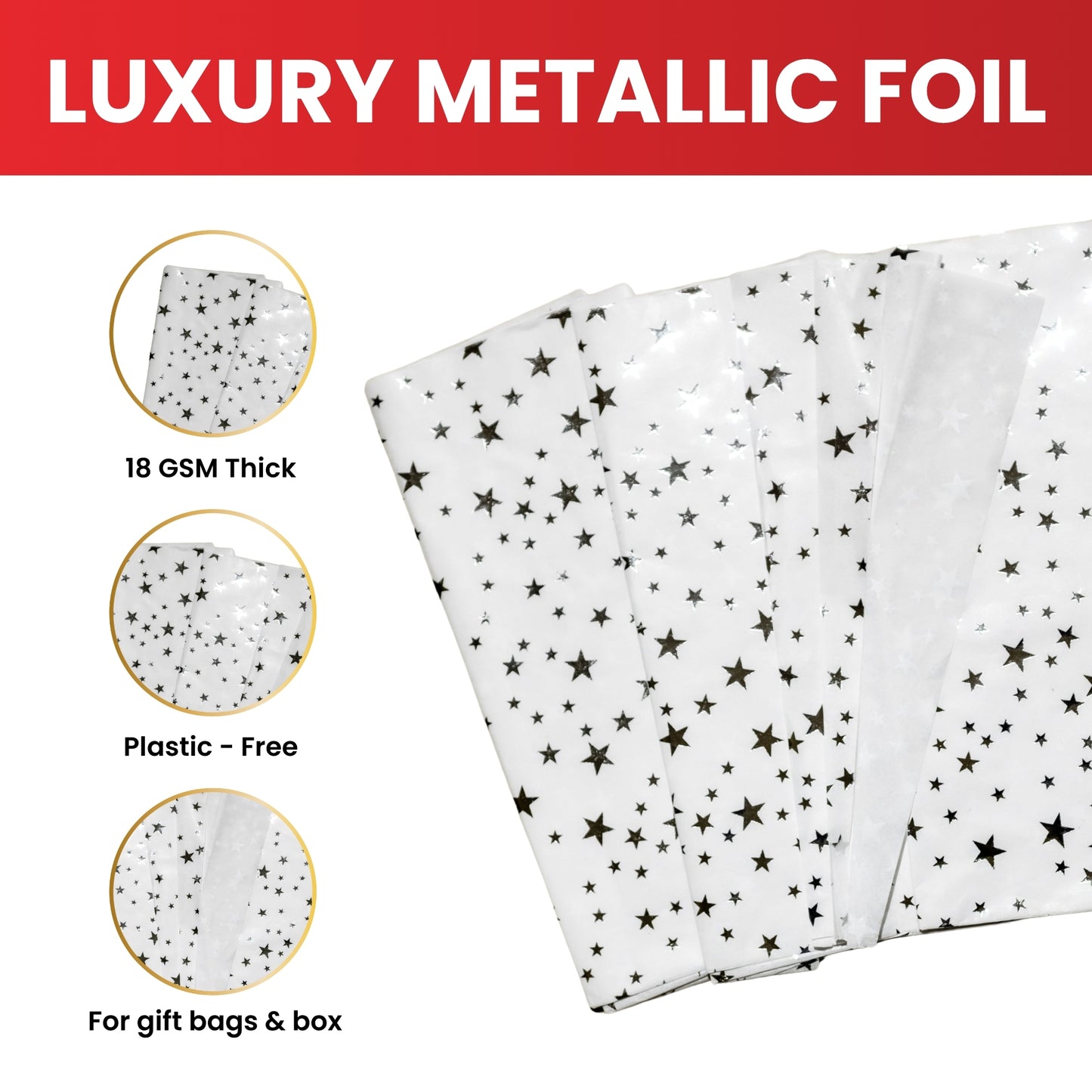 12 x Pack of 10 Stars Luxury Silver Metallic Plastic-Free 18gsm Tissue Paper Sheets 50x70cm - Patterned Tissue Paper for Xmas, New Year, Party, Wedding, Birthday Packing Present Gift Box DIY Art Crafts