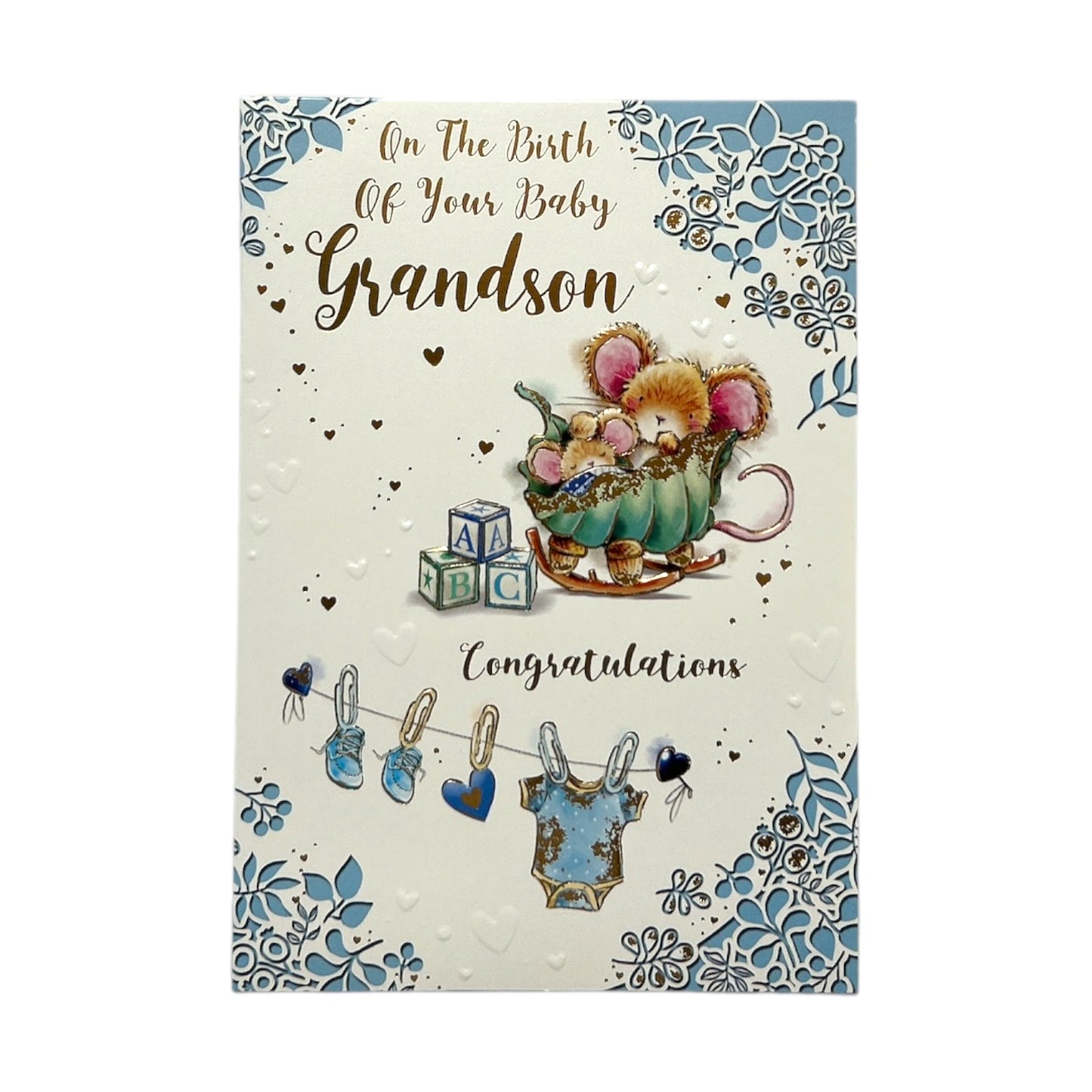 On Birth Grandson Cute Mouse With Alphabet Blocks Design Congratulations Card