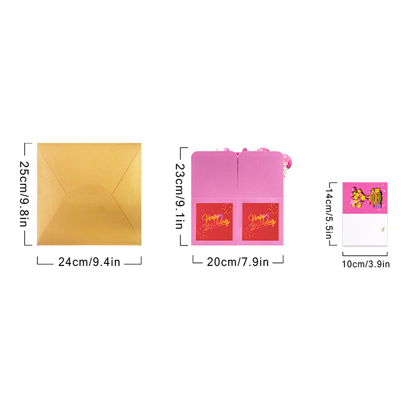 Pink Balloons Fireworks Peach Red 3D Pop Up Birthday Box Card Surprise Gift Box