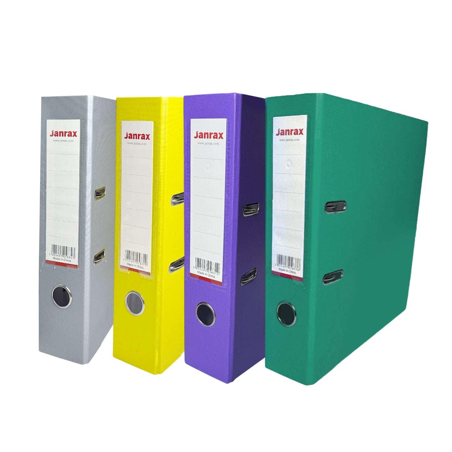 Pack of 4 A4 Lever Arch Files Paperbacked – 70mm Spine, 2 Ring Mechanism, Thumb Hole & Replaceable Spine Label – Grey, Yellow, Green, Purple