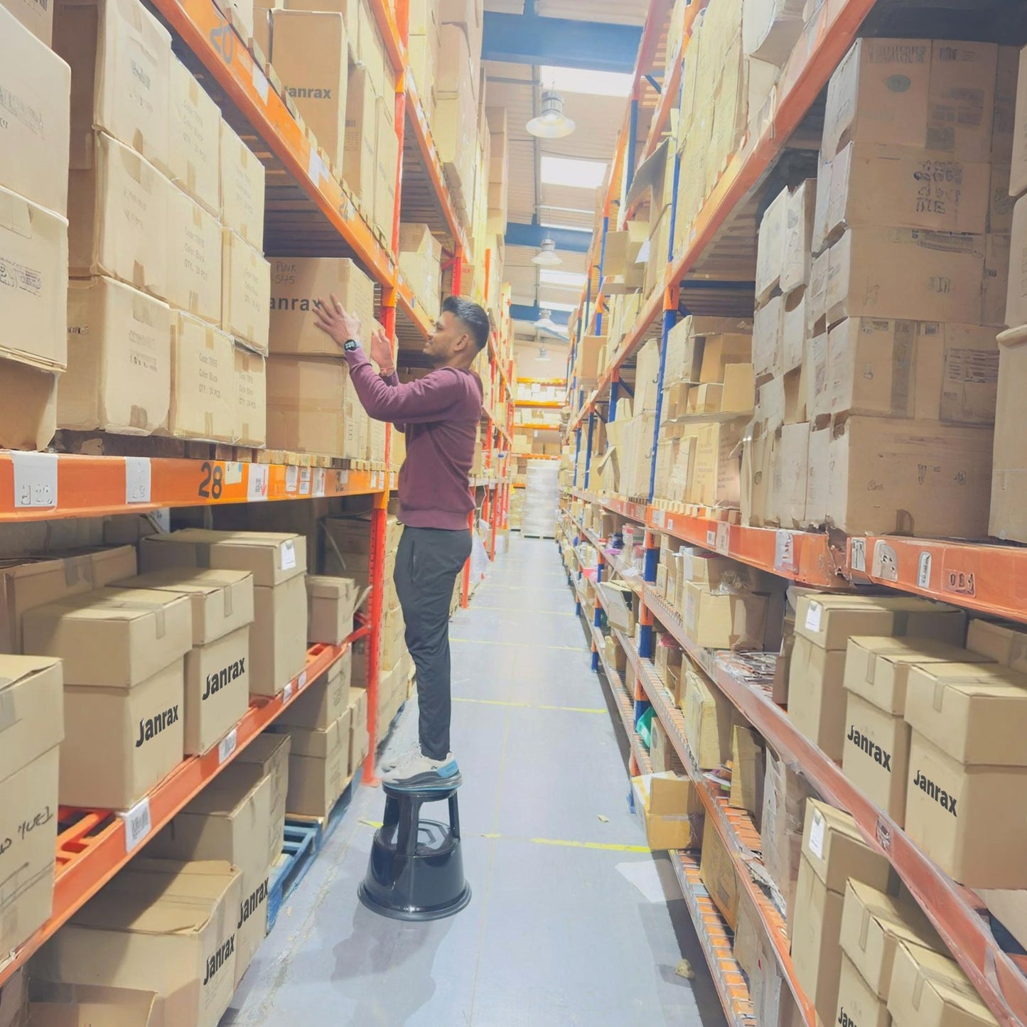 Red Metal Rolling Kick Step Stool with 150kg Capacity