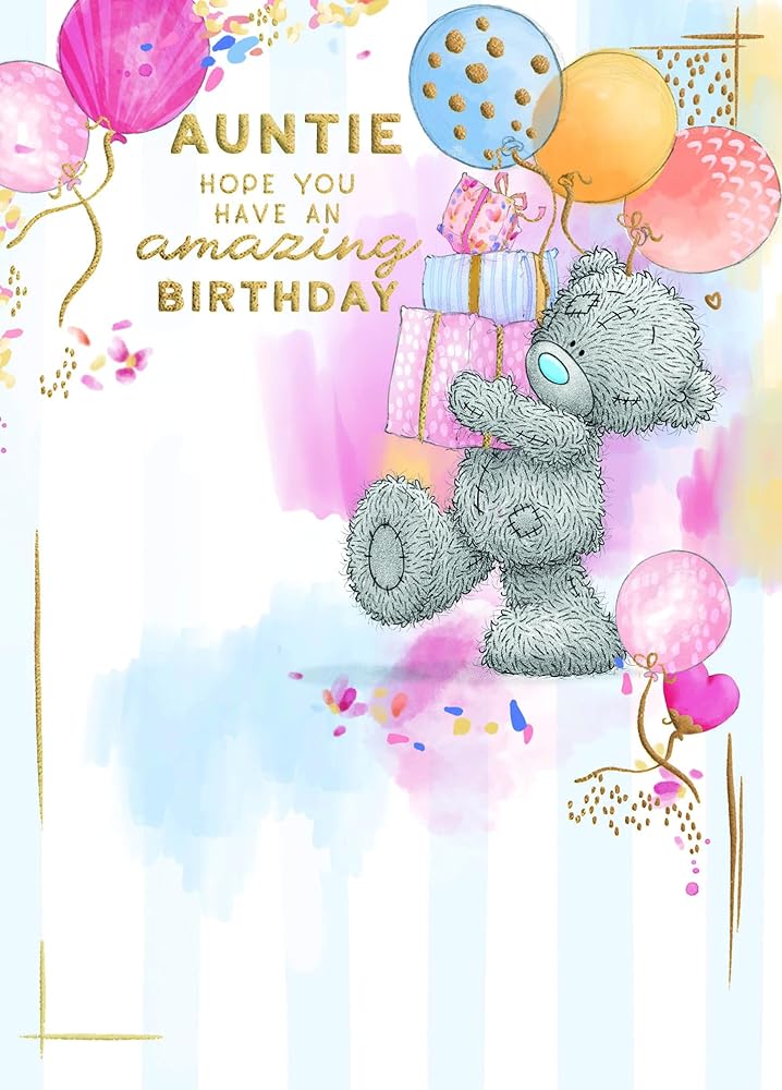 Bear With Balloons And Gifts Amazing Auntie Birthday Card