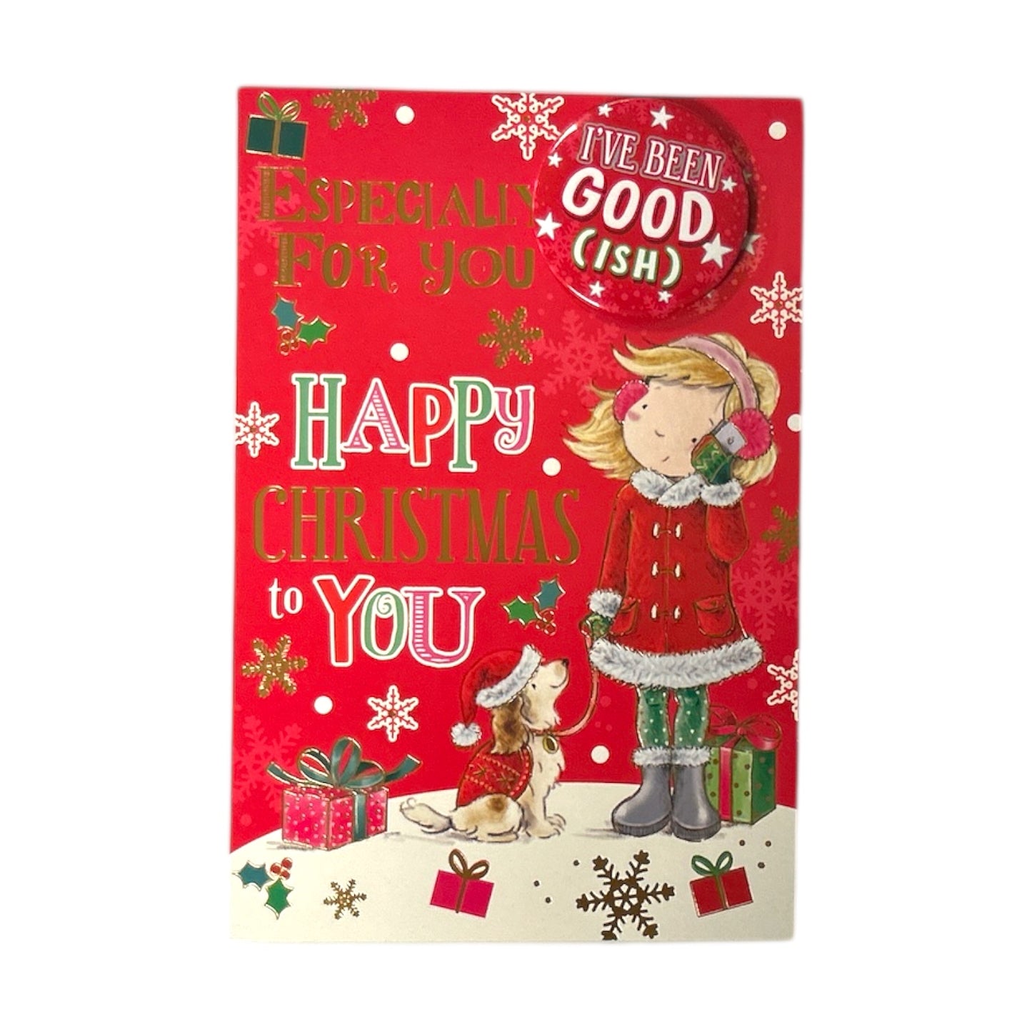 Especially For You Santa Pup & Snowflakes Christmas Card With Badge