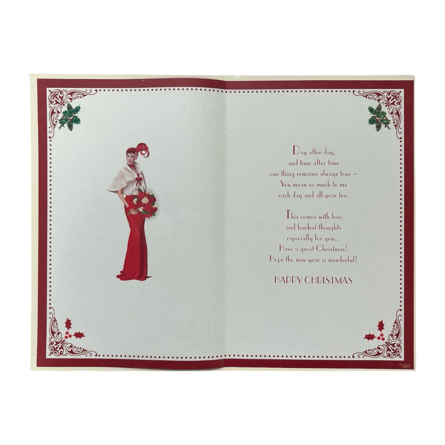 To My Fiancée Elegant Woman Holding Flowers Design Christmas Card