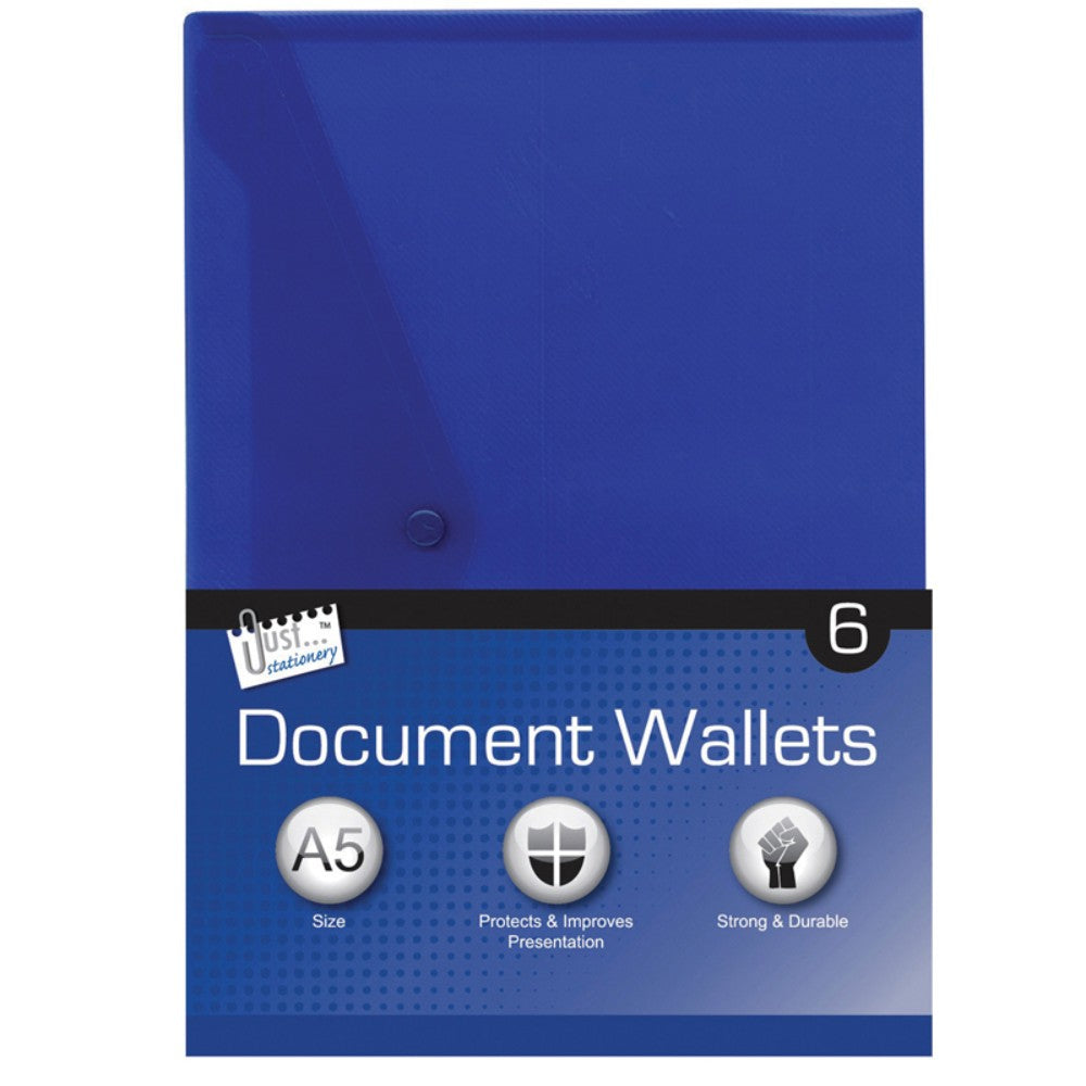Pack of 6 A5 Plastic Document Wallets by Just Stationery