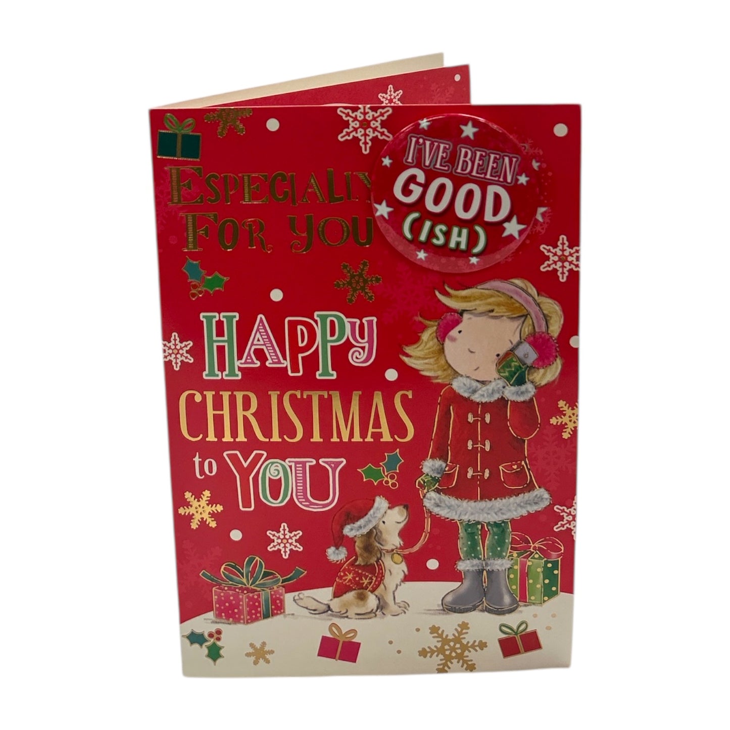 Especially For You Santa Pup & Snowflakes Christmas Card With Badge