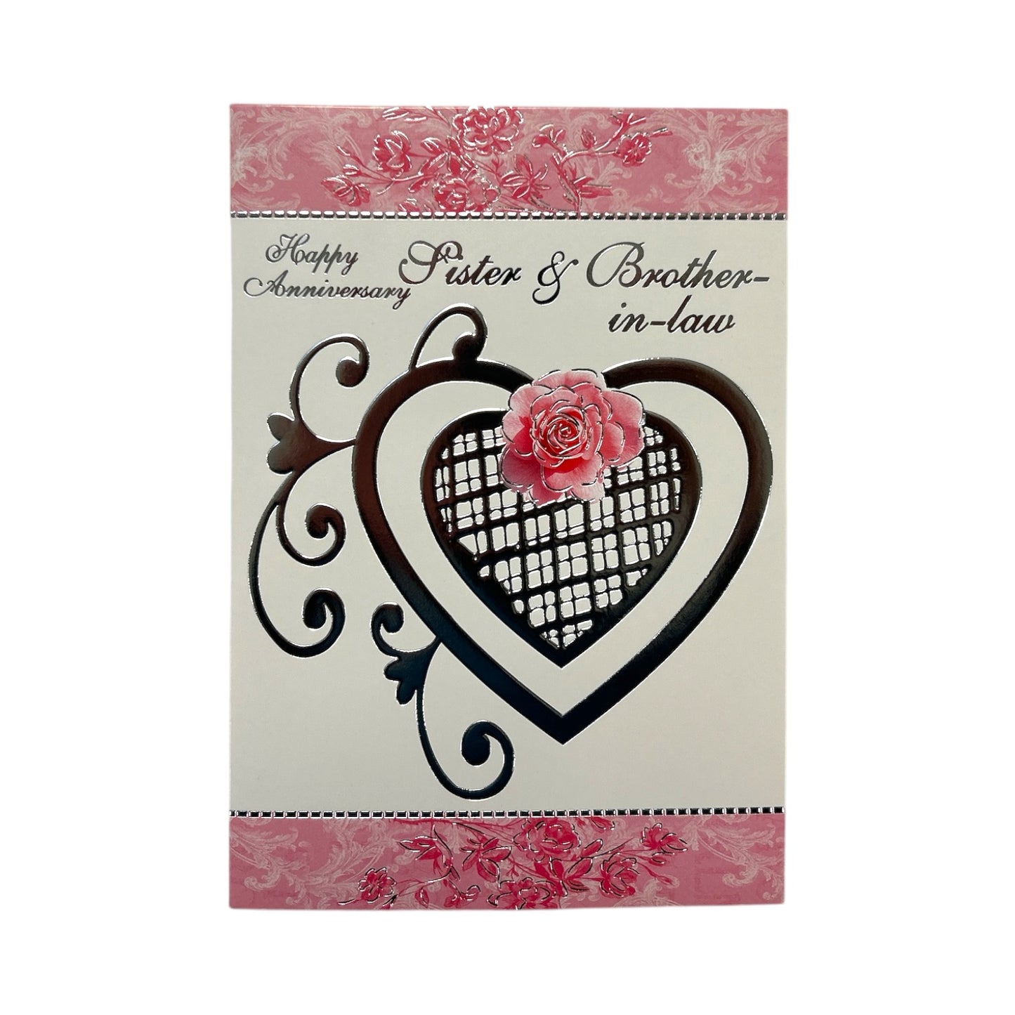 Sister & Brother-In-Law Silver Heart and Pink Rose Design Anniversary Card