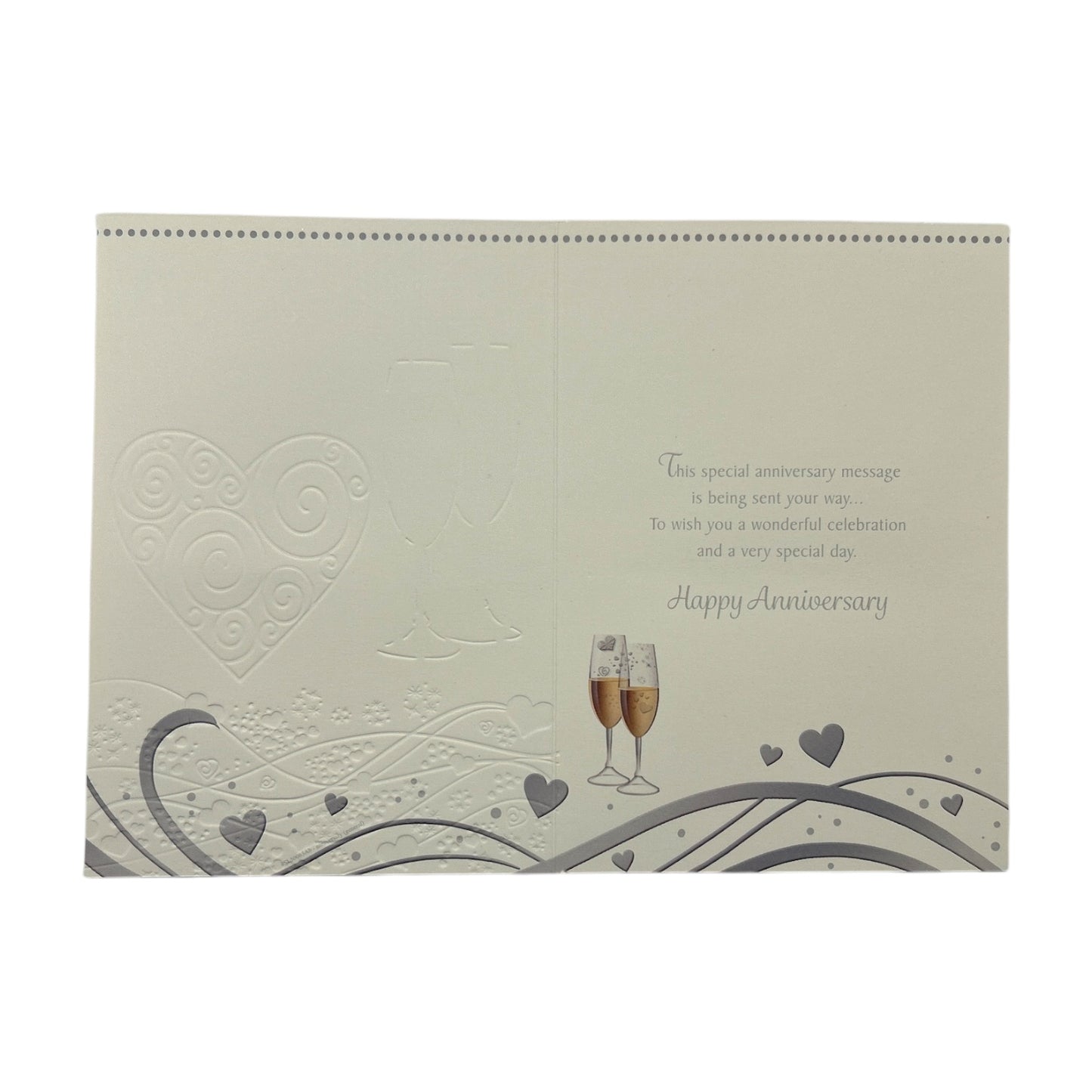 Daughter & Son-In-Law Champagne Glass Silver Heart Traditional Design Anniversary Card
