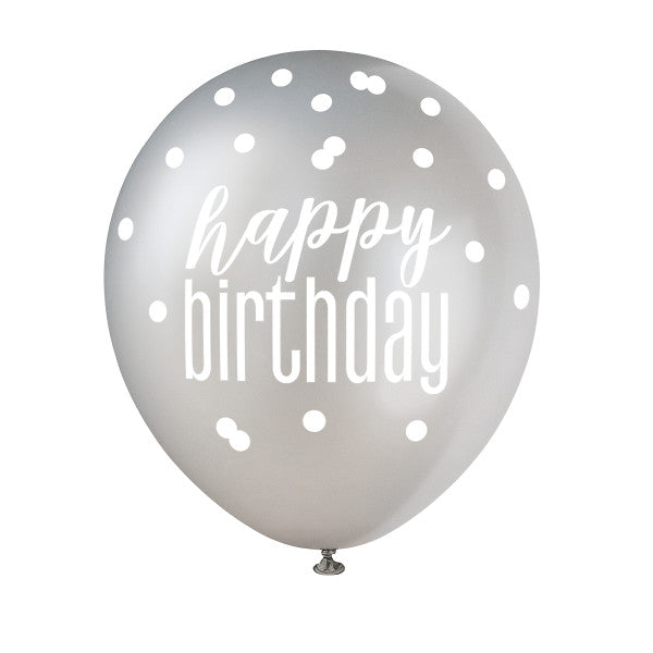 Pack of 6 12" Glitz Black, Silver, & White Latex Balloons "Happy Birthday"
