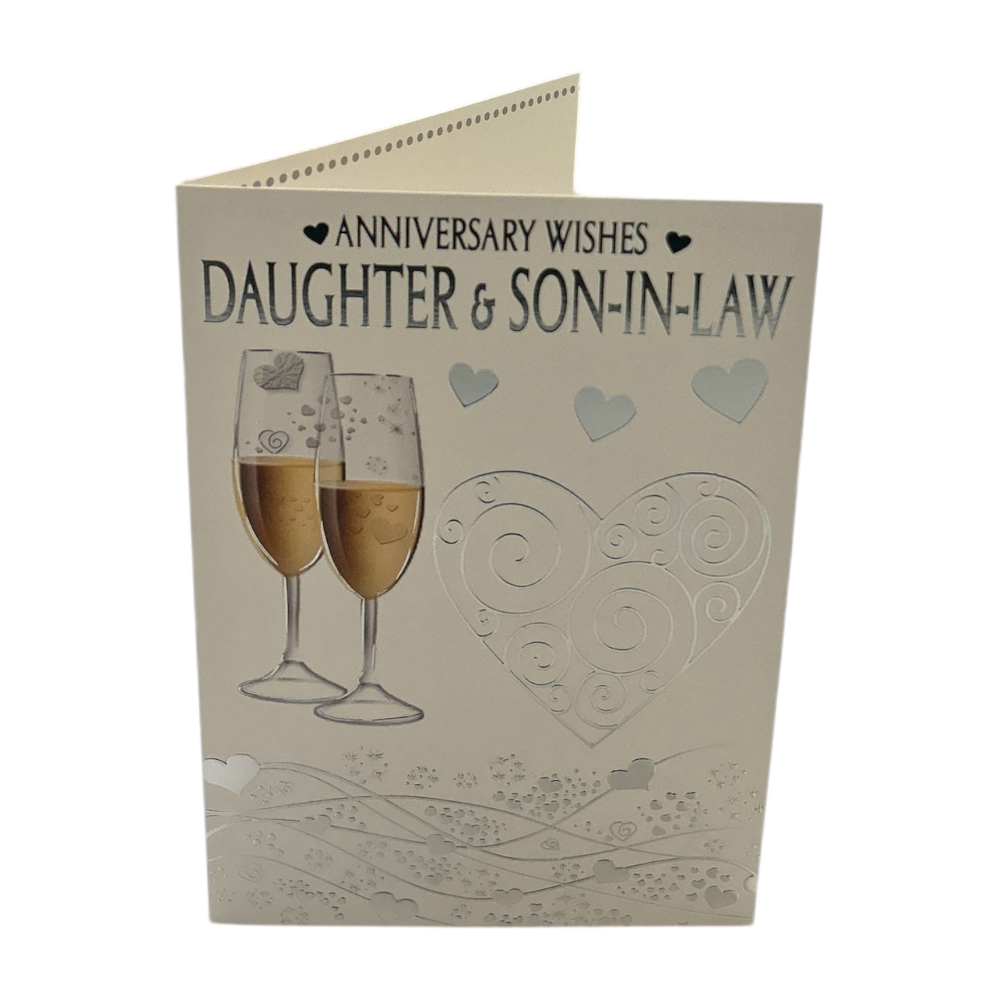 Daughter & Son-In-Law Champagne Glass Silver Heart Traditional Design Anniversary Card