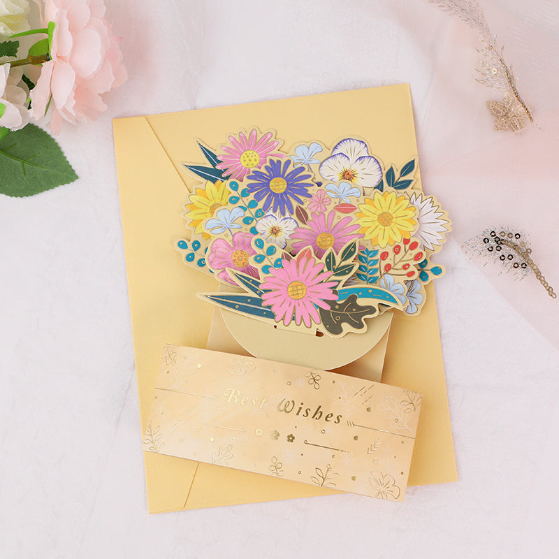 Floral Joy in a Golden Vase 3D Pop Up Greeting Card - Mother's Day Birthday Wedding Anniversary