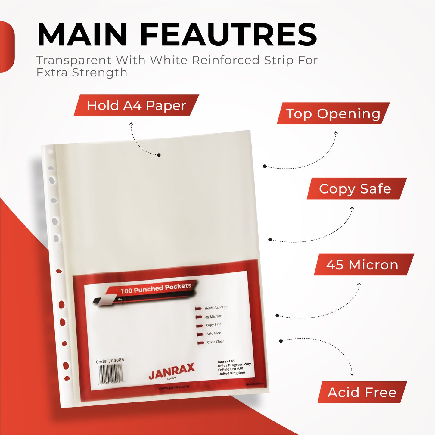 Pack of 500 A4 Glass Clear Punched Pockets by Janrax - Copy Safe Acid Free