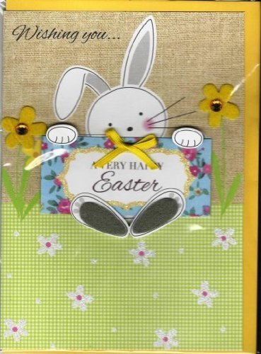 Easter Bunny and Felt Flowers Handmade Greeting Card