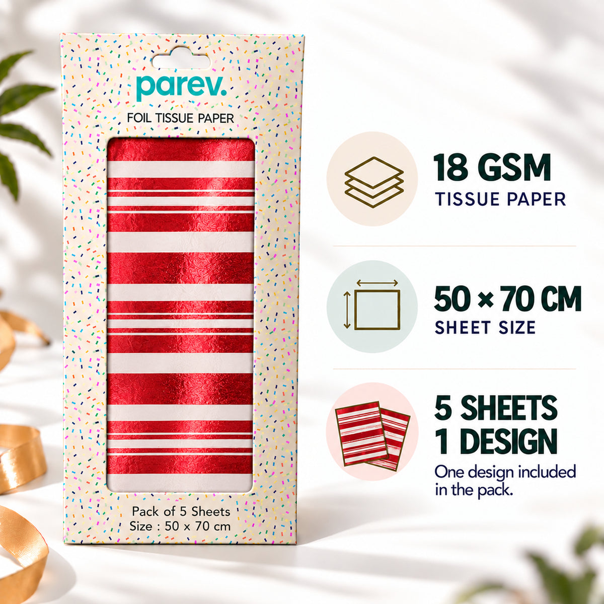 Pack of 5 Modern Stripe Band Design 50 x 70 cm Luxury Red Foil Tissue Sheets - Christmas, Valentines, Anniversary