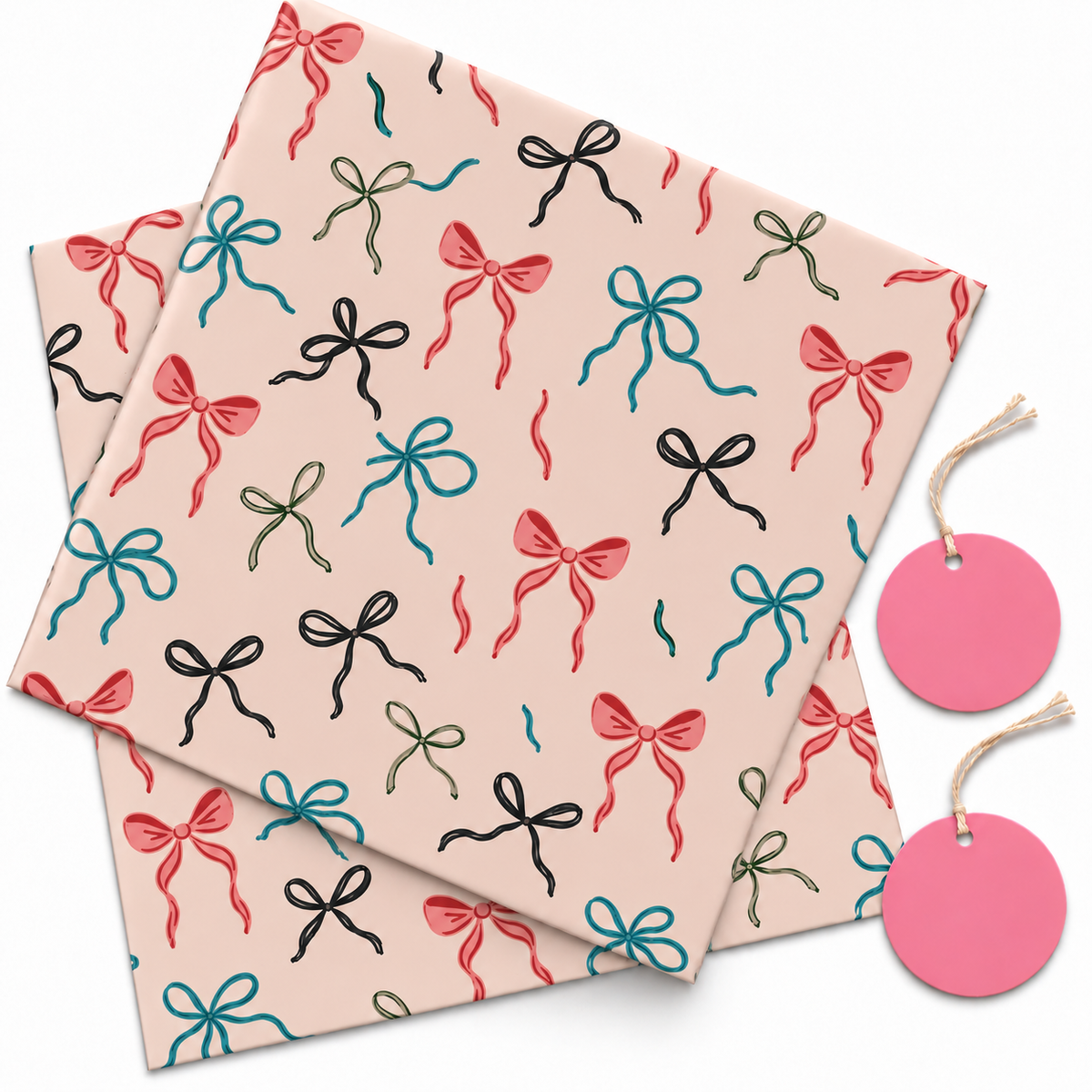 Pack of 2 Bow Pattern Design 50 x 70 cm Gift Wrap Sheets with 2 Tags - Christmas Birthdays Parties Holiday Gifting