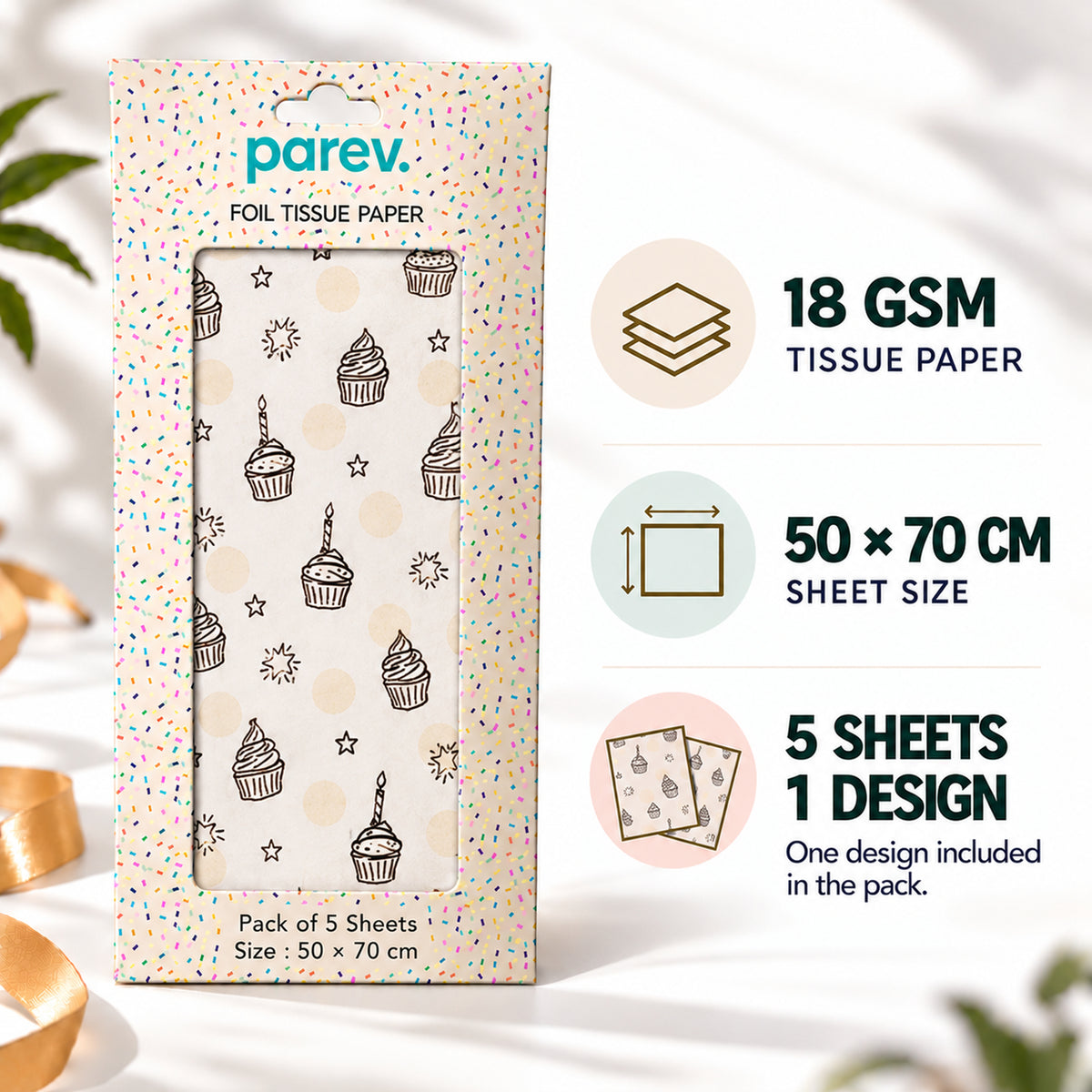 Pack of 5 Sweet Celebration Design 50 x 70 cm Luxury Silver Foil Tissue Sheets - Birthday, Cake, Celebration