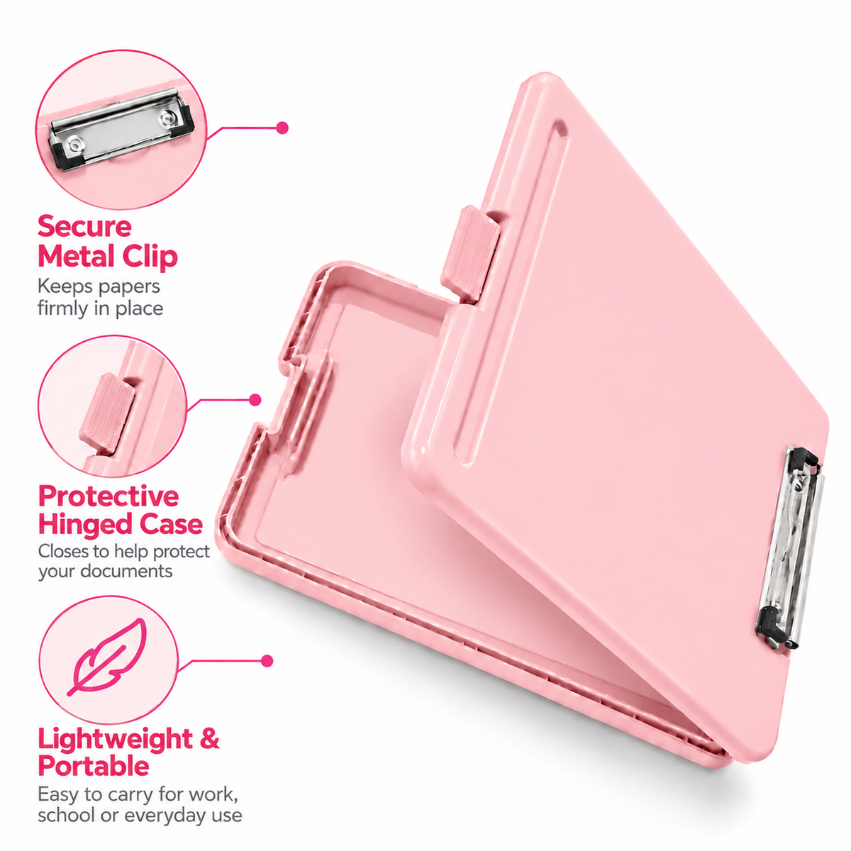 Pack of 10 A4 Pastel Pink Plastic Clipboard Box File - Storage Filing Case