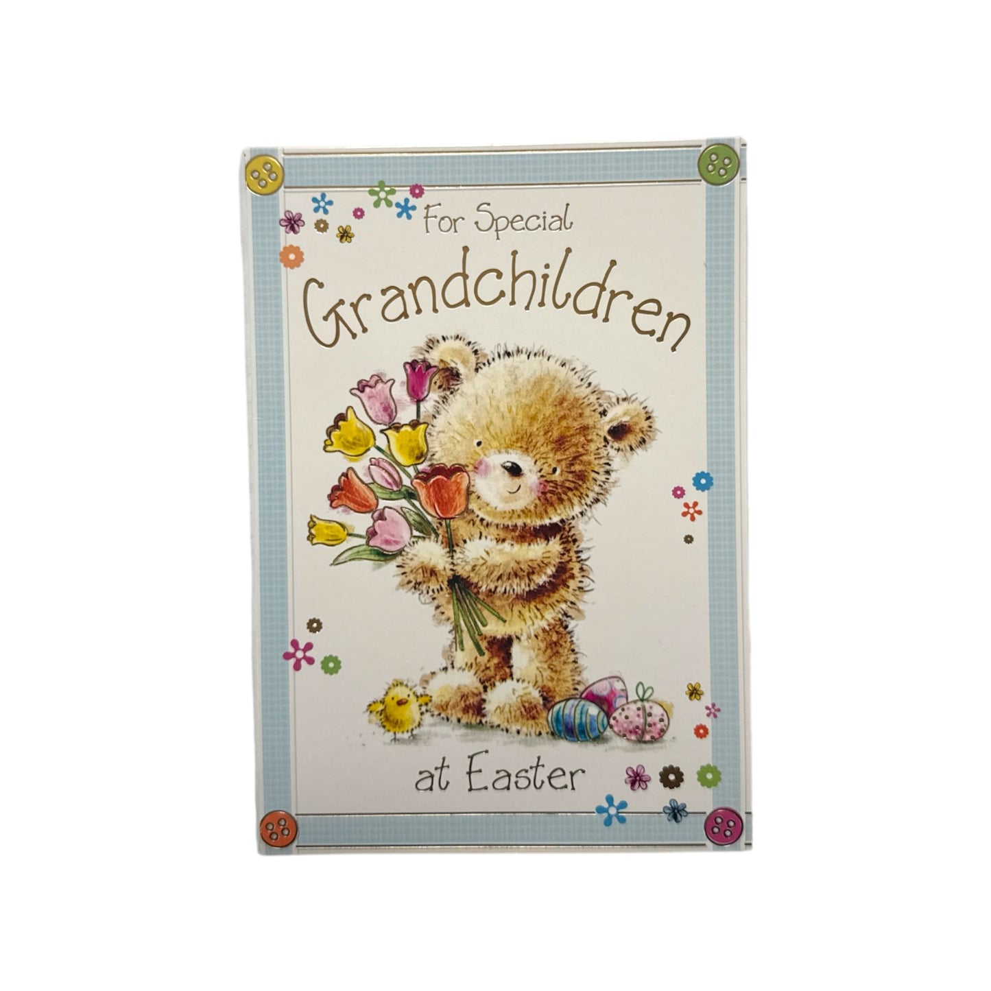 For Special Grandchildren Cute Teddy & Bouquet Design Easter Card
