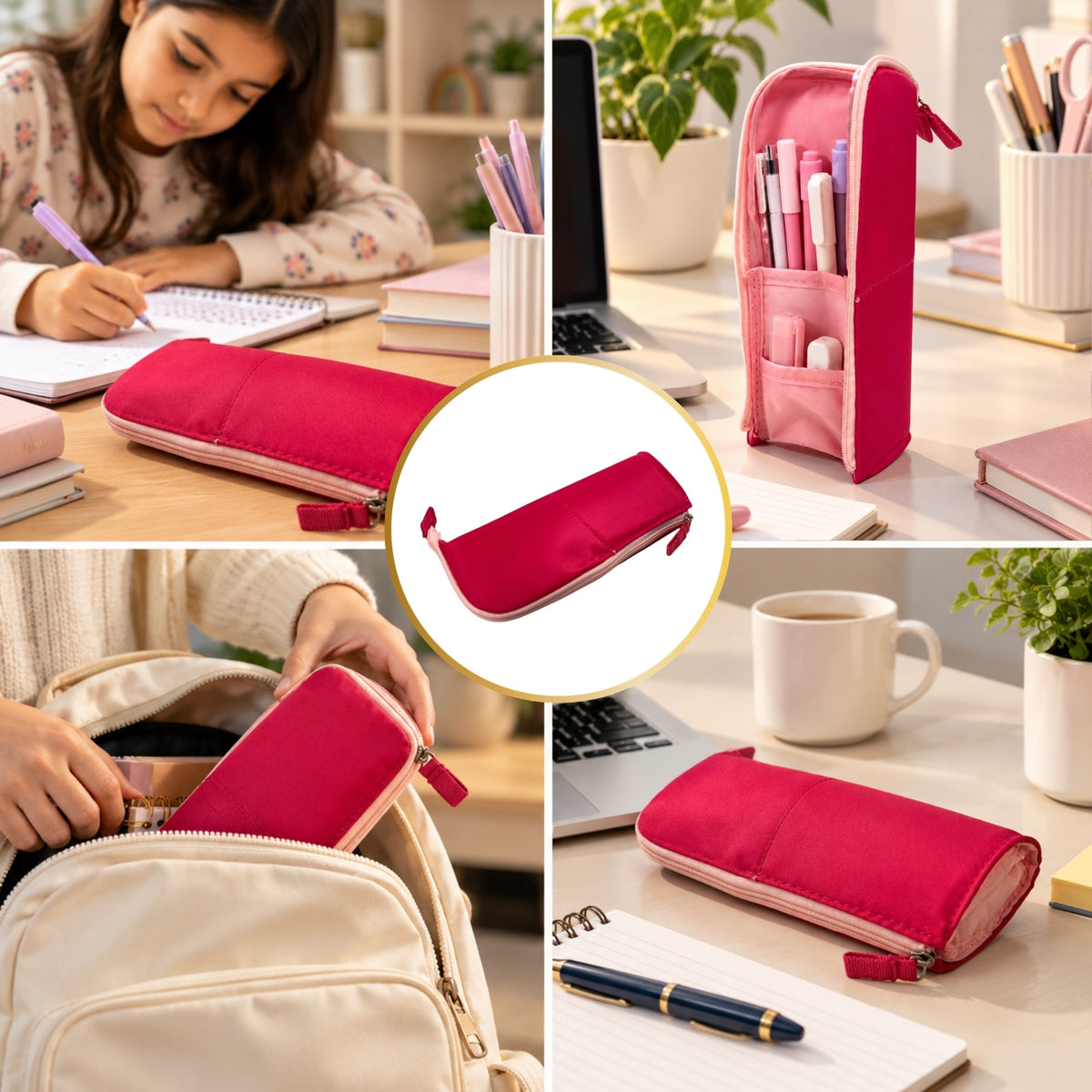 Pack of 12 Pink Standing Zip Pencil Cases 19.5 x 5 x 9cm